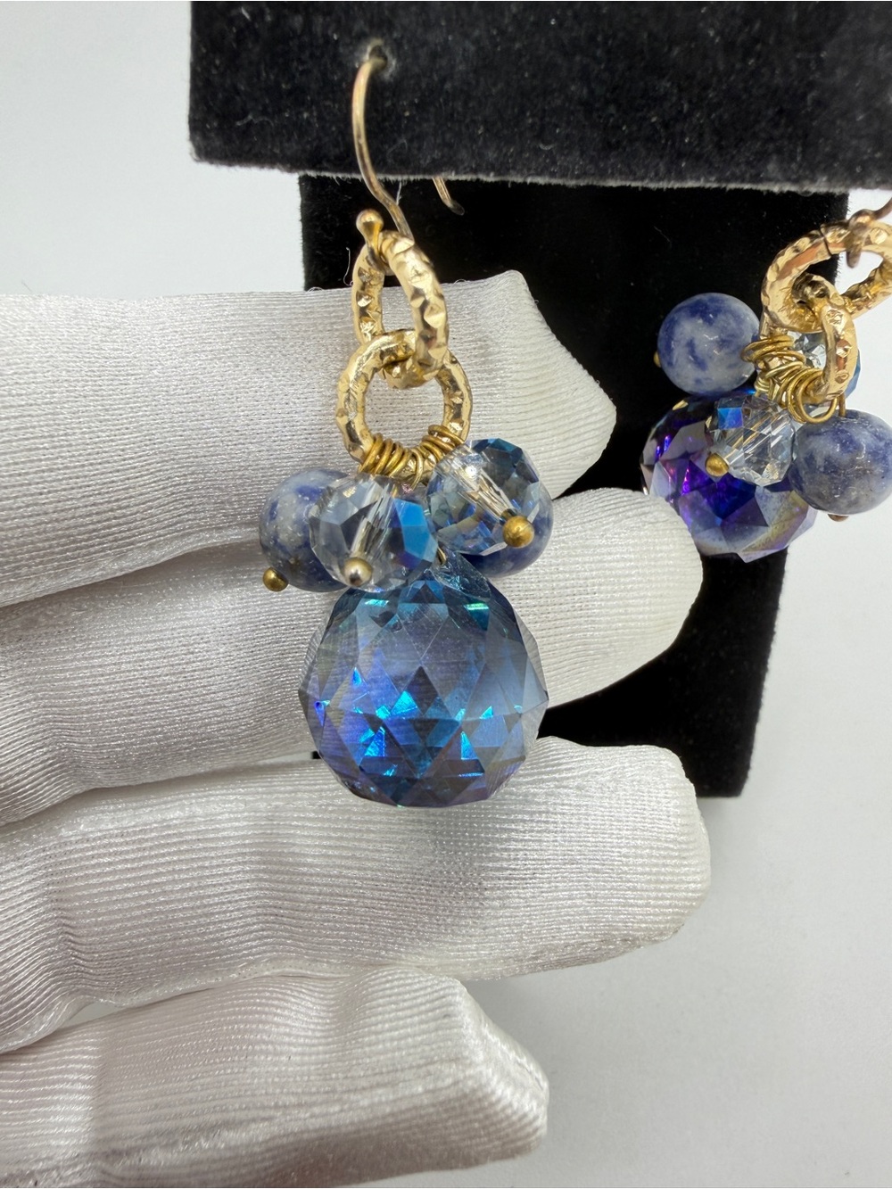 Gold over Sterling silver stamped hooks, crystal and sodalite dangle earrings! - Picture 8 of 16